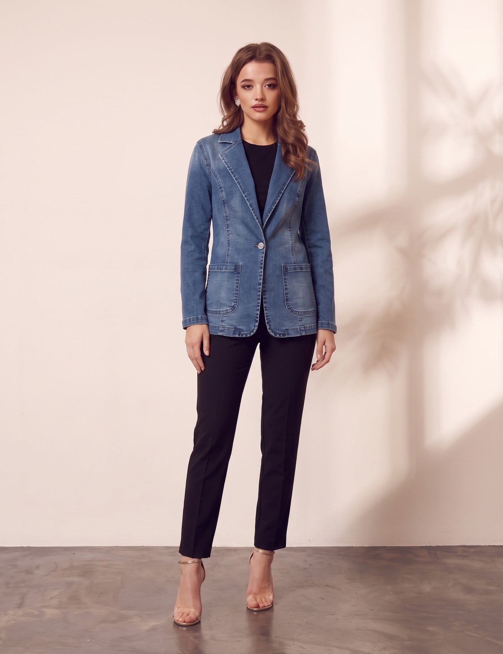 Women's Blue Tailored Denim Blazer with Patch Pockets, front view, full length.