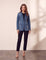 Women's Blue Tailored Denim Blazer with Patch Pockets, front view, full length.