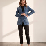 Women's Blue Tailored Denim Blazer with Patch Pockets, side view, full length.