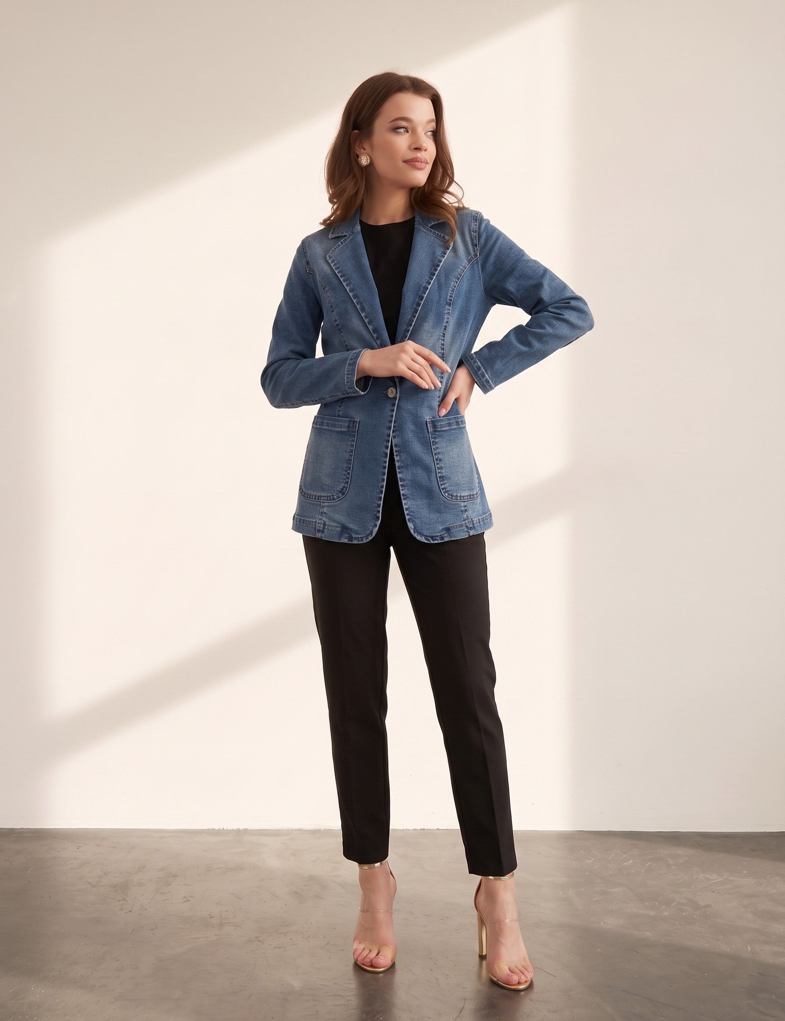Women's Blue Tailored Denim Blazer with Patch Pockets, side view, full length.