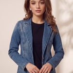 Women's Blue Tailored Denim Blazer with Patch Pockets, three-quarter view from the left, full length.