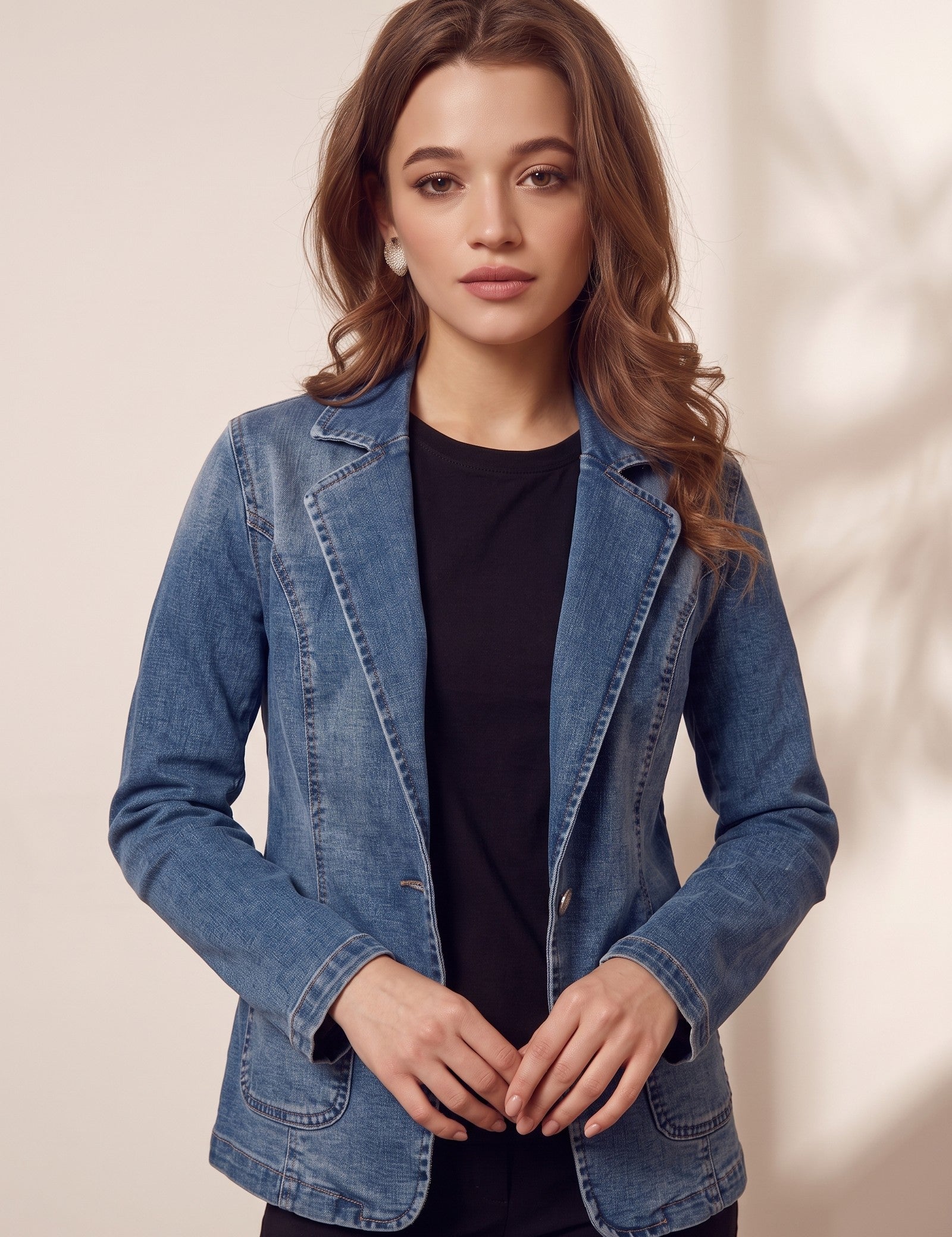Women's Blue Tailored Denim Blazer with Patch Pockets, three-quarter view from the left, full length.