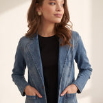 Women's Blue Tailored Denim Blazer with Patch Pockets, three-quarter view from the right, full length.