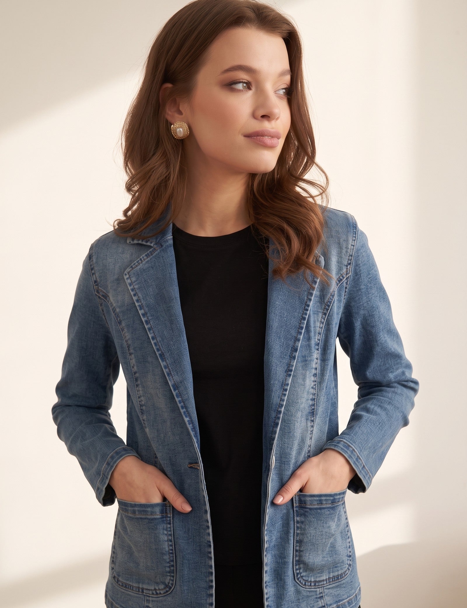 Women's Blue Tailored Denim Blazer with Patch Pockets, three-quarter view from the right, full length.