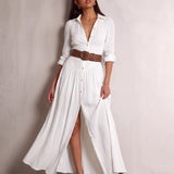 Women's Boho Button-Through Maxi Shirt Dress with Split, front view, full length