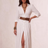 Women's Boho Button-Through Maxi Shirt Dress with Split, close-up of the upper body