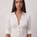 Women's Boho Button-Through Maxi Shirt Dress with Split, close-up of the upper body