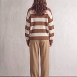 Women's Brown and White Striped Chunky Knit Jumper, back view, full length.
