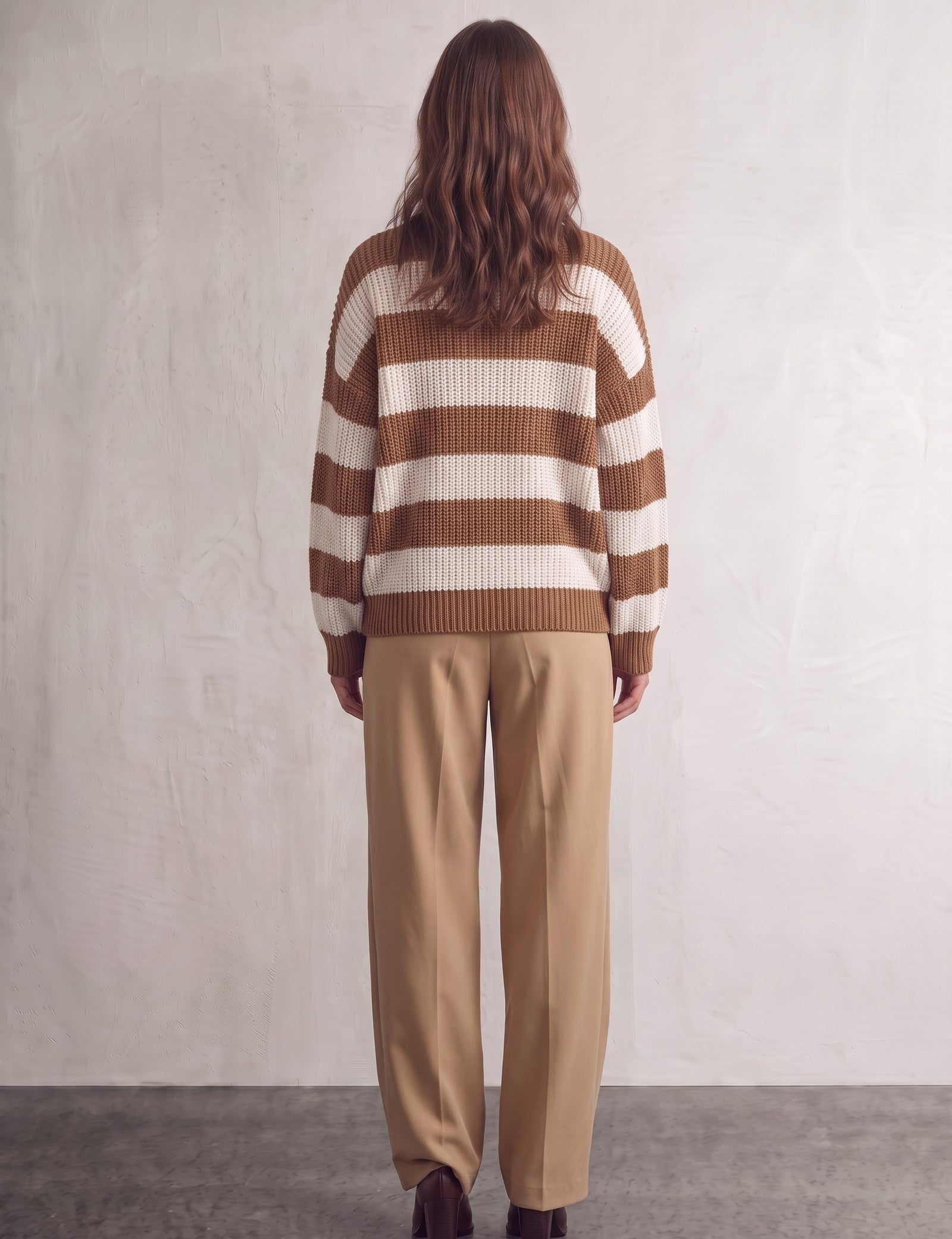 Women's Brown and White Striped Chunky Knit Jumper, back view, full length.