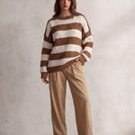 Women's Brown and White Striped Chunky Knit Jumper, front view, full length.