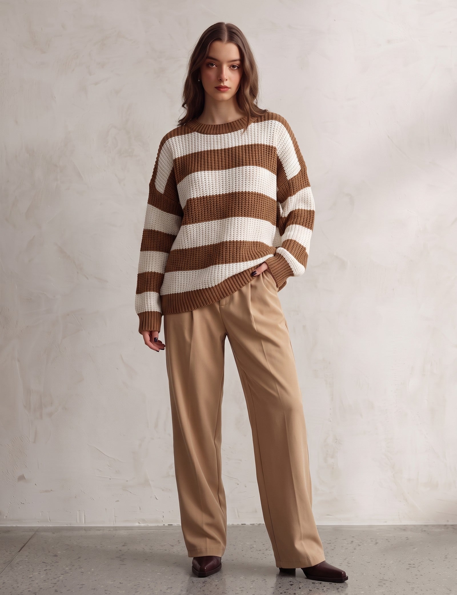 Women's Brown and White Striped Chunky Knit Jumper, front view, full length.