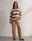 Women's Brown and White Striped Chunky Knit Jumper, front view, full length.