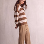 Women's Brown and White Striped Chunky Knit Jumper, side view, full length.