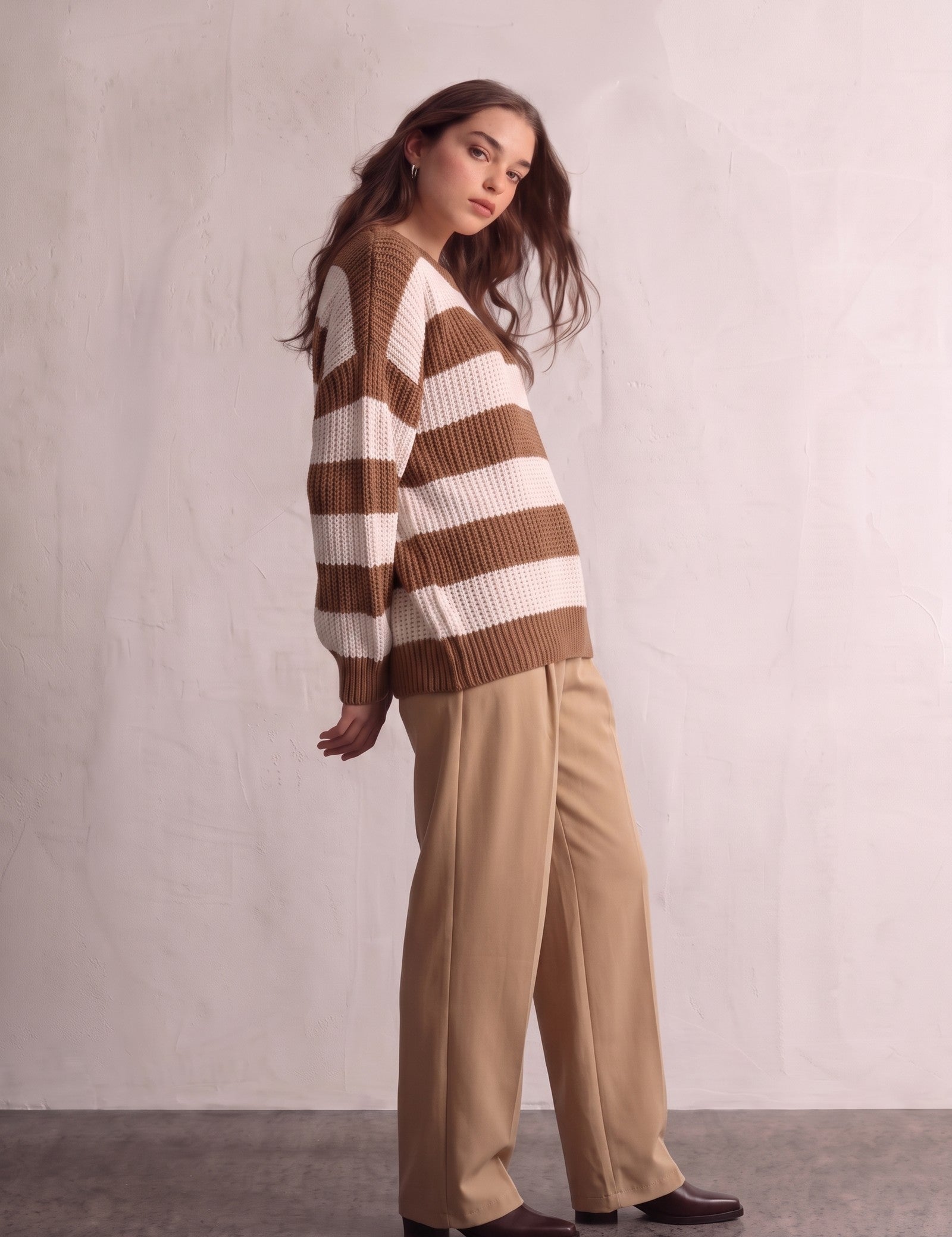 Women's Brown and White Striped Chunky Knit Jumper, side view, full length.