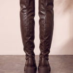 Women's Brown Leather-Look Platform Over-the-Knee Boots, back view of the heels, worn.