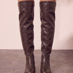 Women's Brown Leather-Look Platform Over-the-Knee Boots, front view of the shoes, worn.