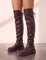 Women's Brown Leather-Look Platform Over-the-Knee Boots, side view of the shoe, worn.