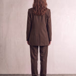 Women's Brown Longline Double-Breasted Blazer, back view, full length.