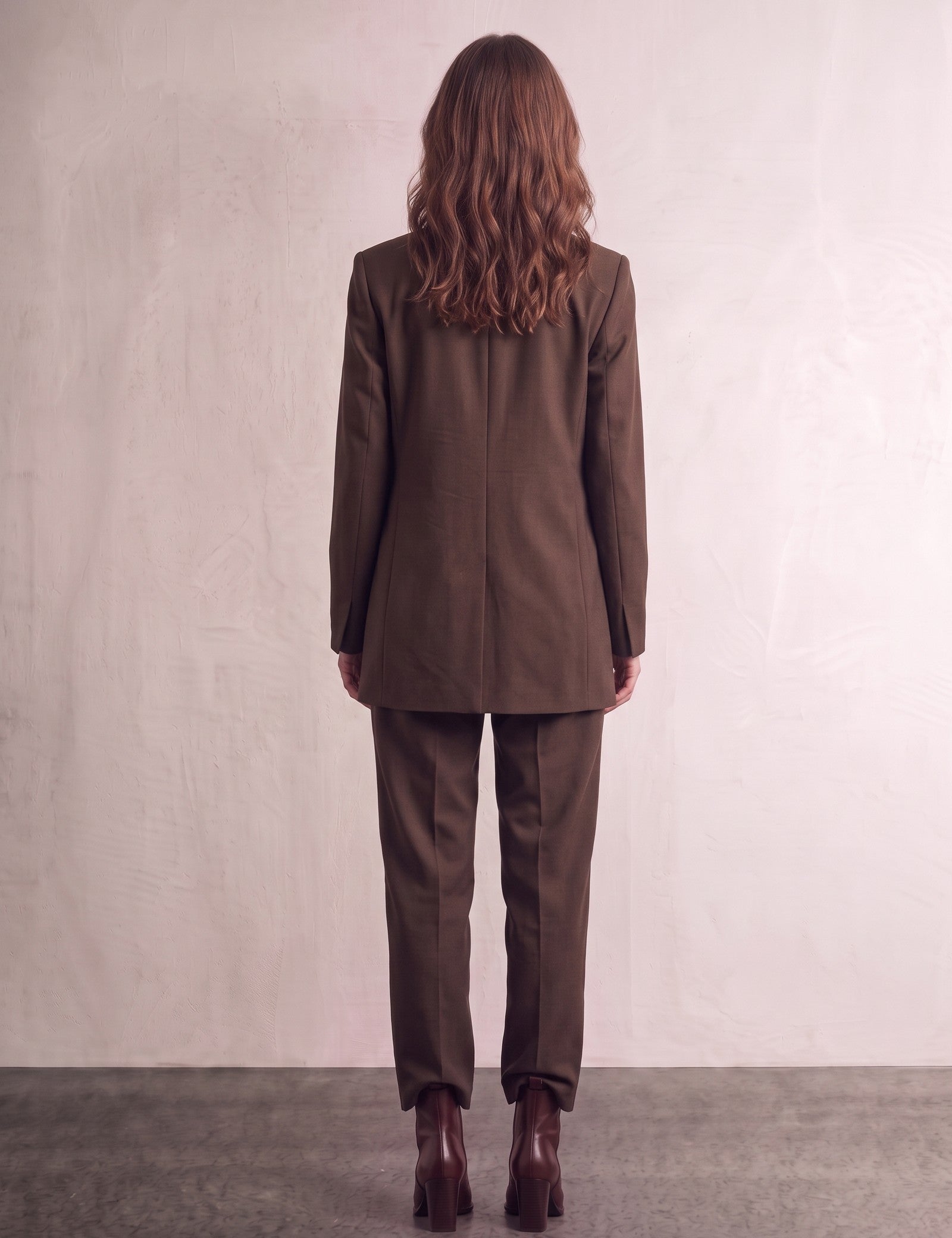 Women's Brown Longline Double-Breasted Blazer, back view, full length.