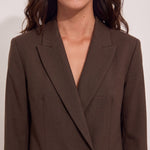 Women's Brown Longline Double-Breasted Blazer, close-up of the upper body.