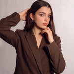 Women's Brown Longline Double-Breasted Blazer, close-up of the upper body.