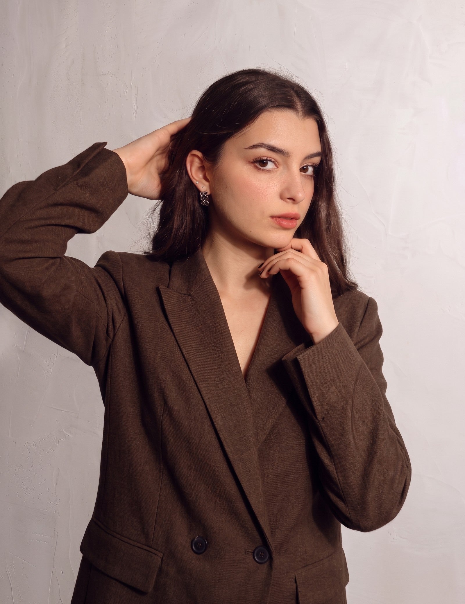 Women's Brown Longline Double-Breasted Blazer, close-up of the upper body.