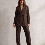 Women's Brown Longline Double-Breasted Blazer, front view, full length.