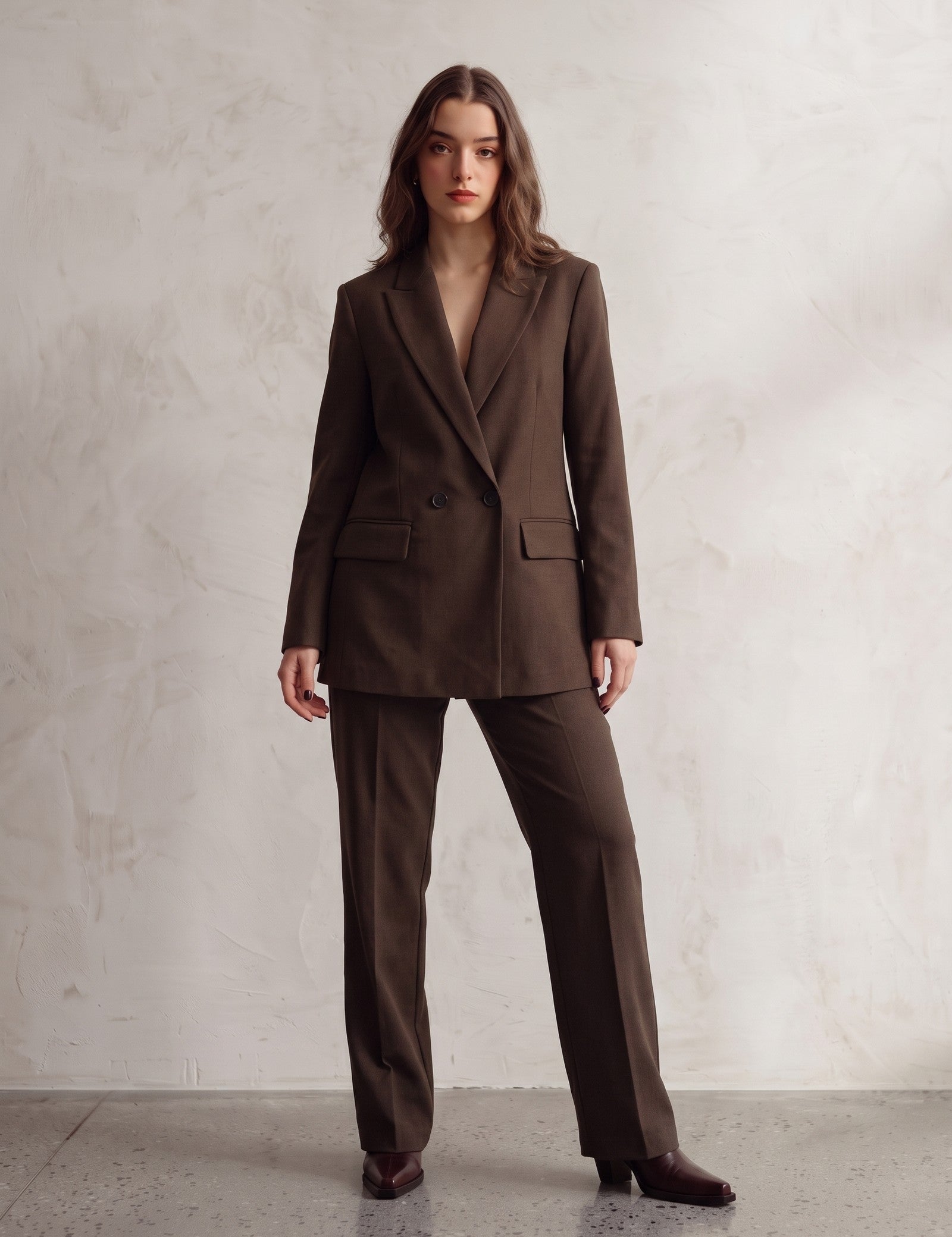 Women's Brown Longline Double-Breasted Blazer, front view, full length.