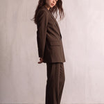 Women's Brown Longline Double-Breasted Blazer, side view, full length.