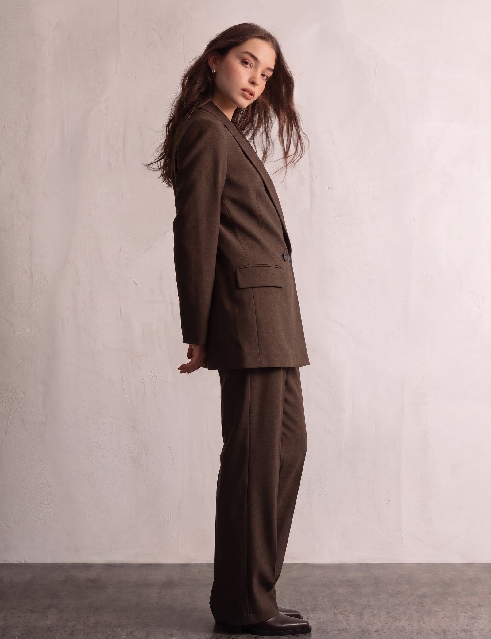 Women's Brown Longline Double-Breasted Blazer, side view, full length.
