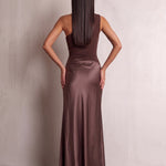 Women's Brown One-Shoulder Satin Maxi Dress, back view, full length.