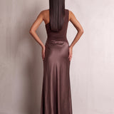 Women's Brown One-Shoulder Satin Maxi Dress, back view, full length.