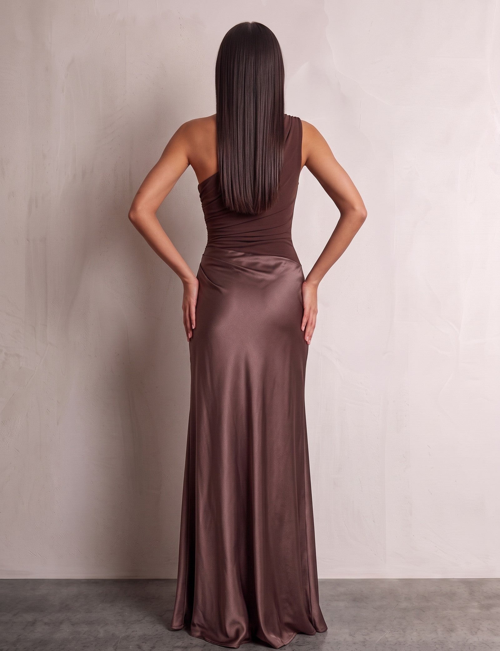 Women's Brown One-Shoulder Satin Maxi Dress, back view, full length.
