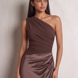 Women's Brown One-Shoulder Satin Maxi Dress, close-up of the upper body.