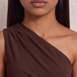 Women's Brown One-Shoulder Satin Maxi Dress, close-up of the upper body.