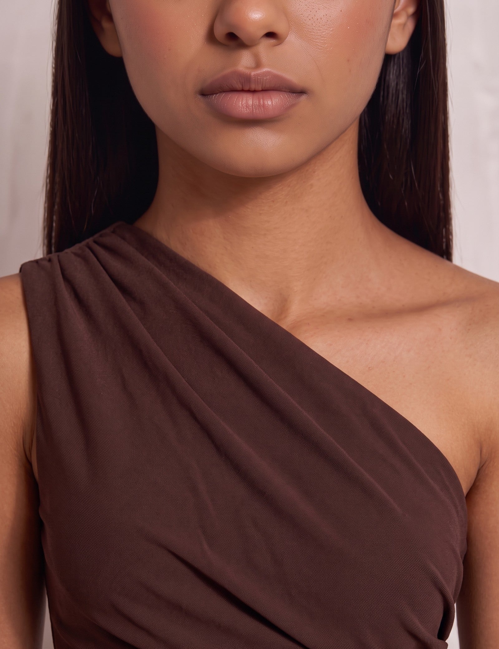 Women's Brown One-Shoulder Satin Maxi Dress, close-up of the upper body.