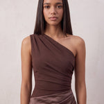 Women's Brown One-Shoulder Satin Maxi Dress, close-up of the upper body.