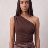 Women's Brown One-Shoulder Satin Maxi Dress, close-up of the upper body.