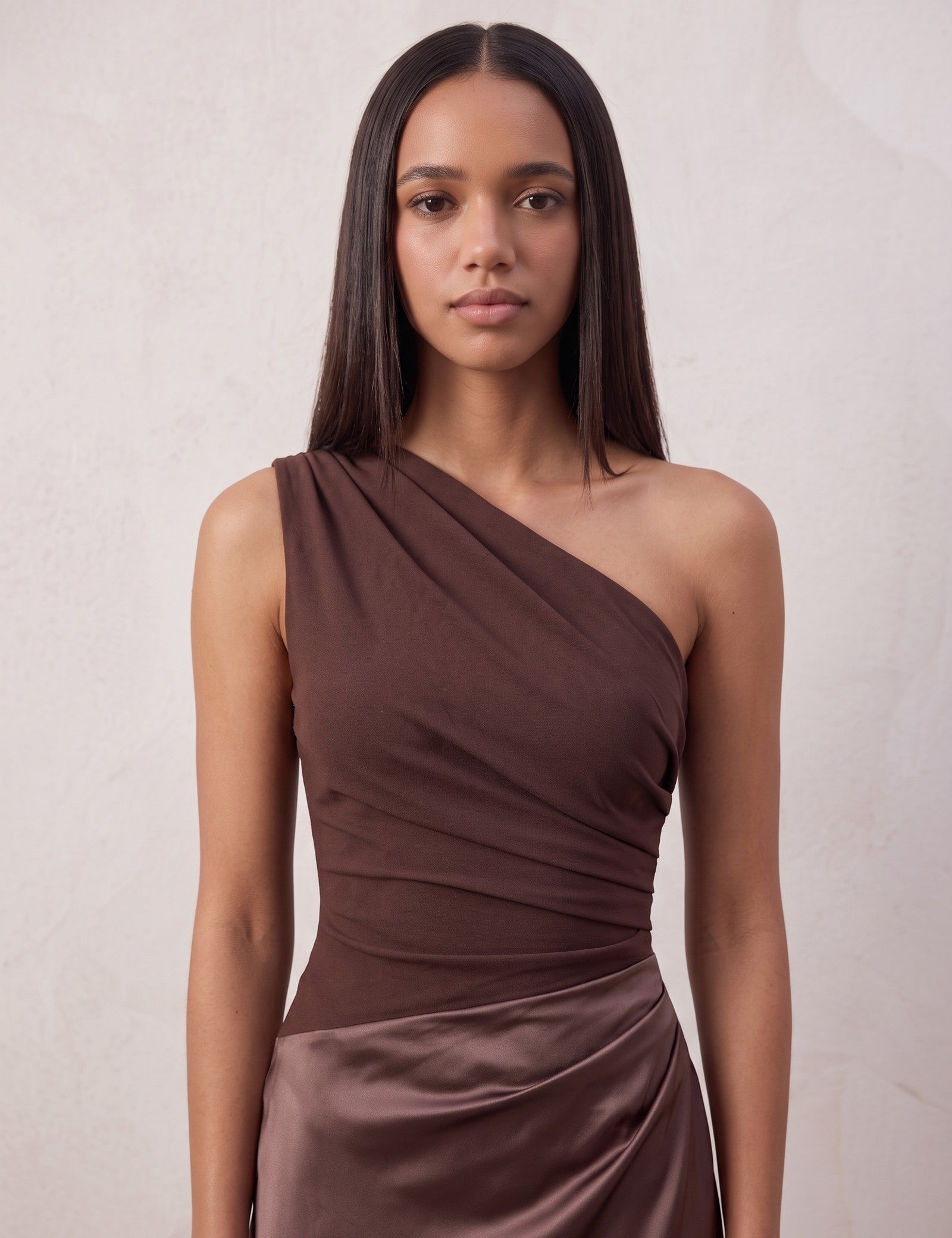 Women's Brown One-Shoulder Satin Maxi Dress, close-up of the upper body.