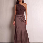 Women's Brown One-Shoulder Satin Maxi Dress, front view, full length.