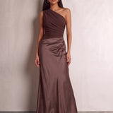 Women's Brown One-Shoulder Satin Maxi Dress, front view, full length.