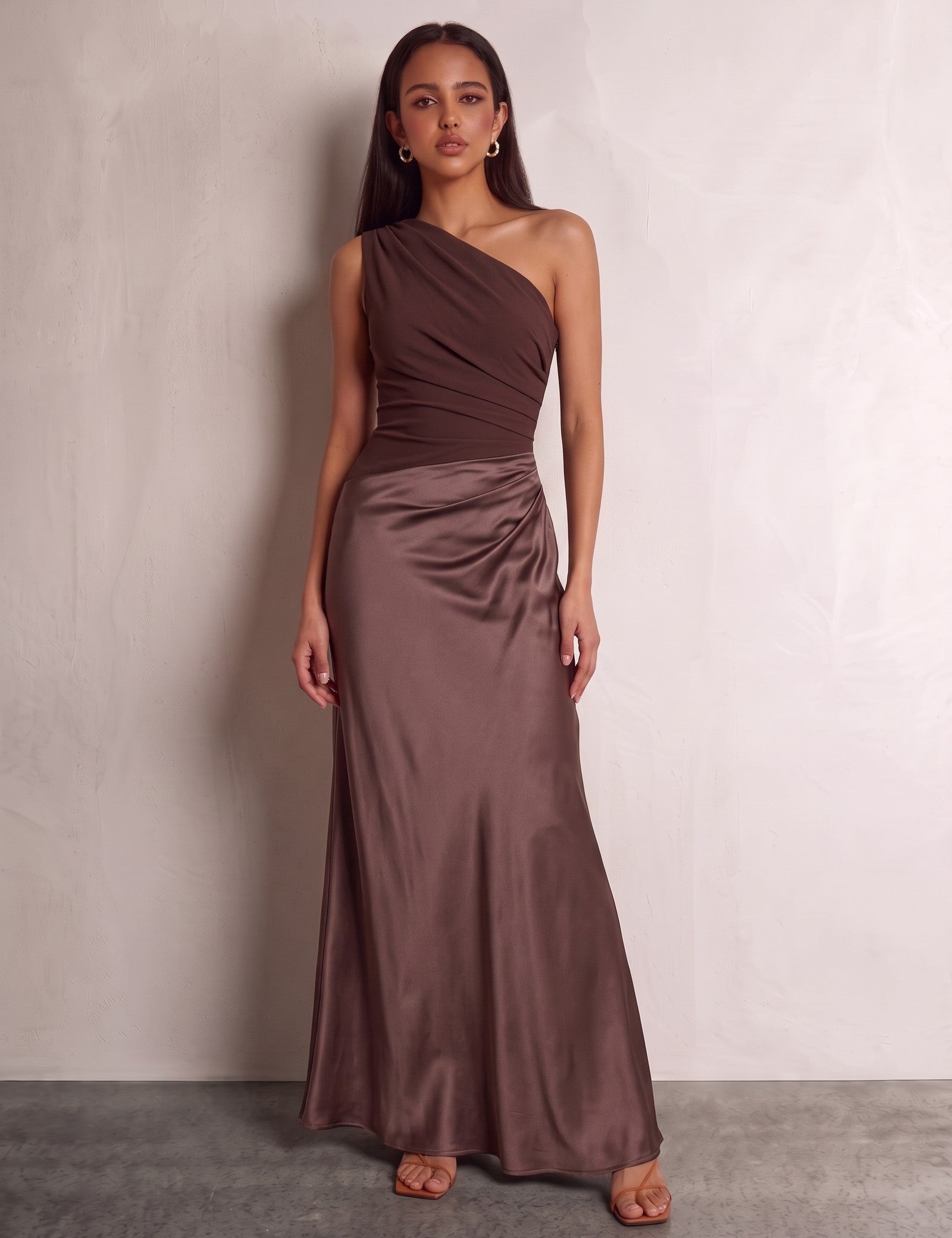 Women's Brown One-Shoulder Satin Maxi Dress, front view, full length.