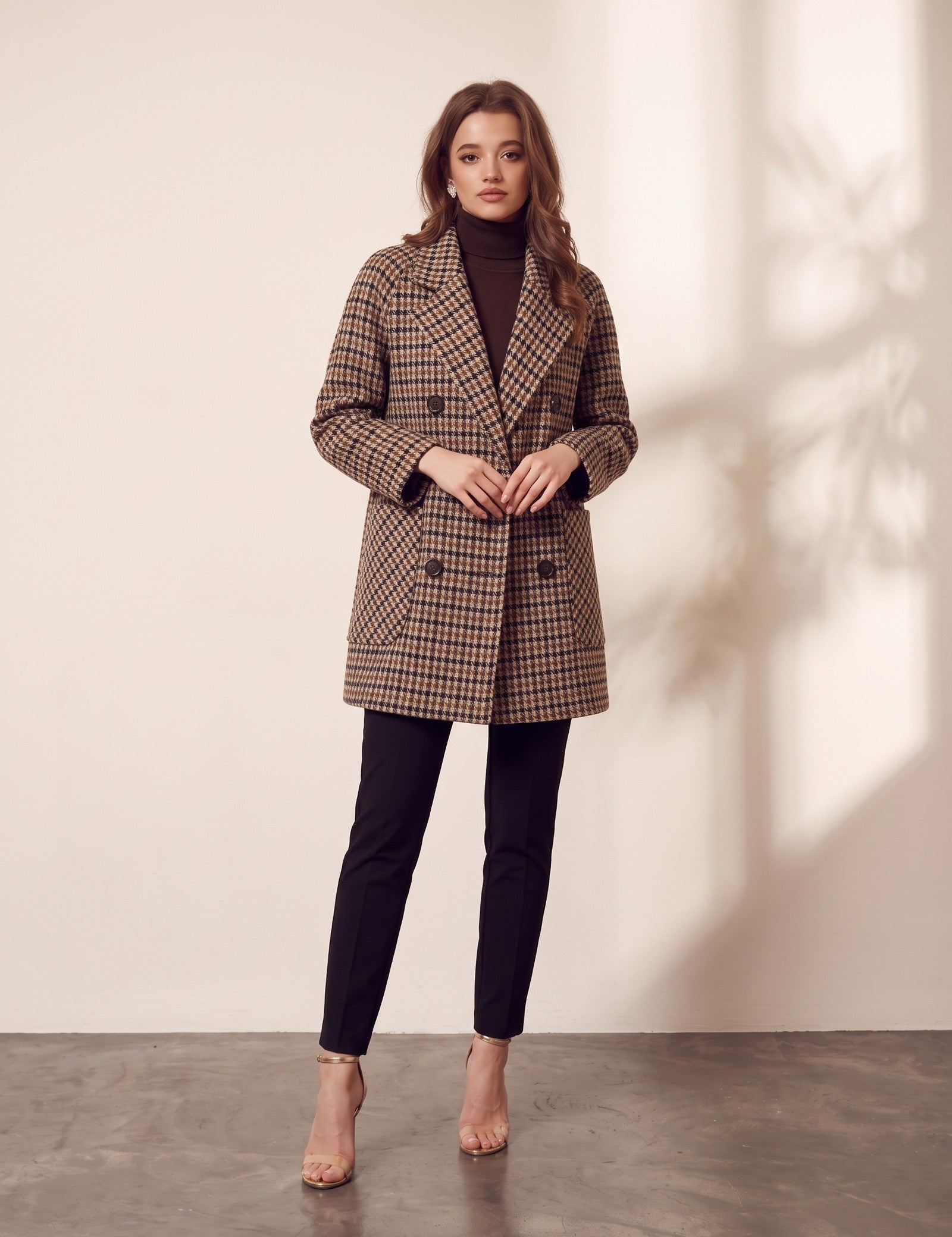 Women's Brown Oversized Houndstooth Blazer Coat, front view, full length.