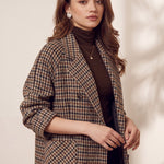 Women's Brown Oversized Houndstooth Blazer Coat, three-quarter view from the left, full length.