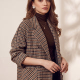 Women's Brown Oversized Houndstooth Blazer Coat, three-quarter view from the left, full length.
