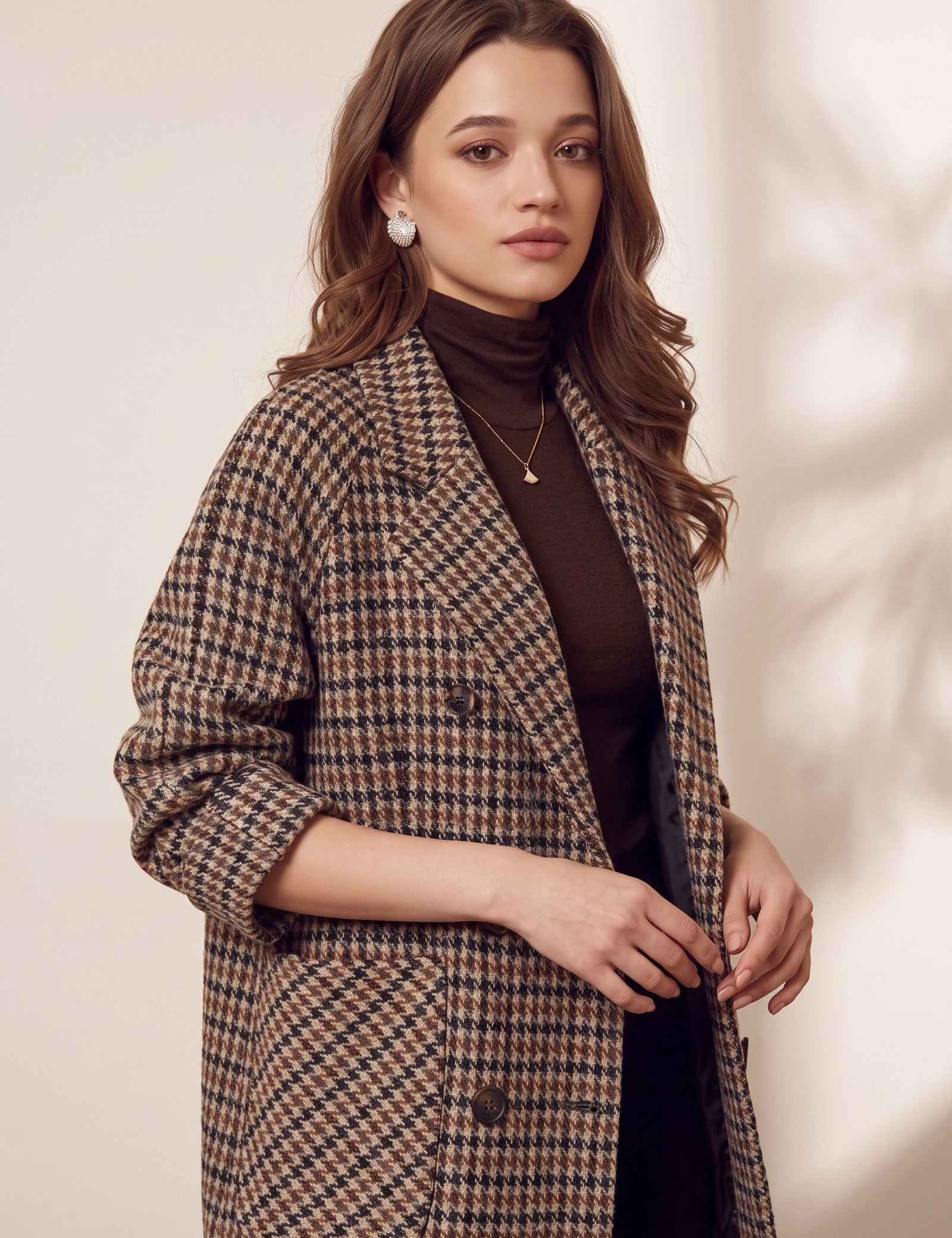Women's Brown Oversized Houndstooth Blazer Coat, three-quarter view from the left, full length.