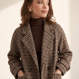 Women's Brown Oversized Houndstooth Blazer Coat, three-quarter view from the right, full length.