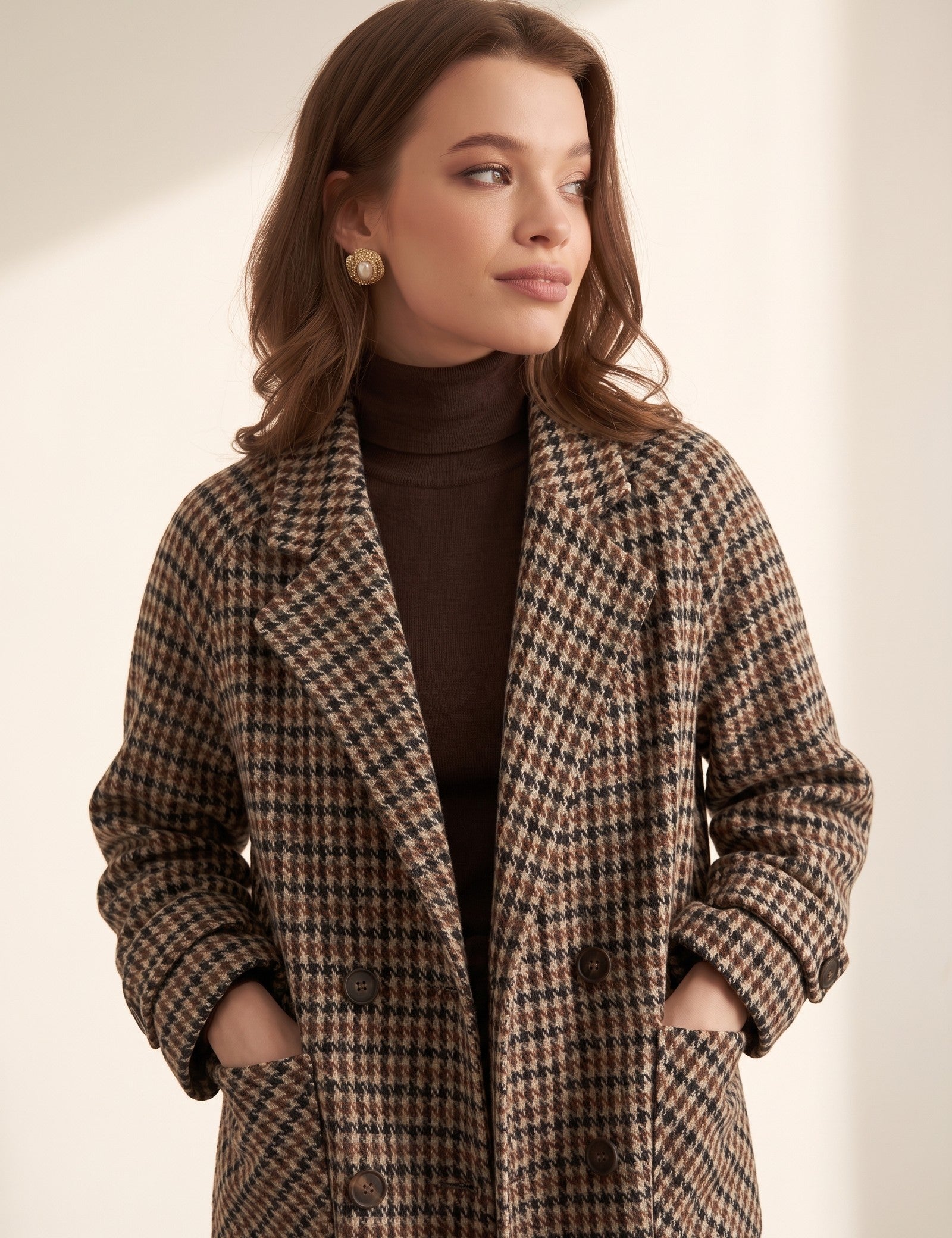 Women's Brown Oversized Houndstooth Blazer Coat, three-quarter view from the right, full length.