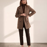 Women's Brown Oversized Houndstooth Blazer Coat, side view, full length.