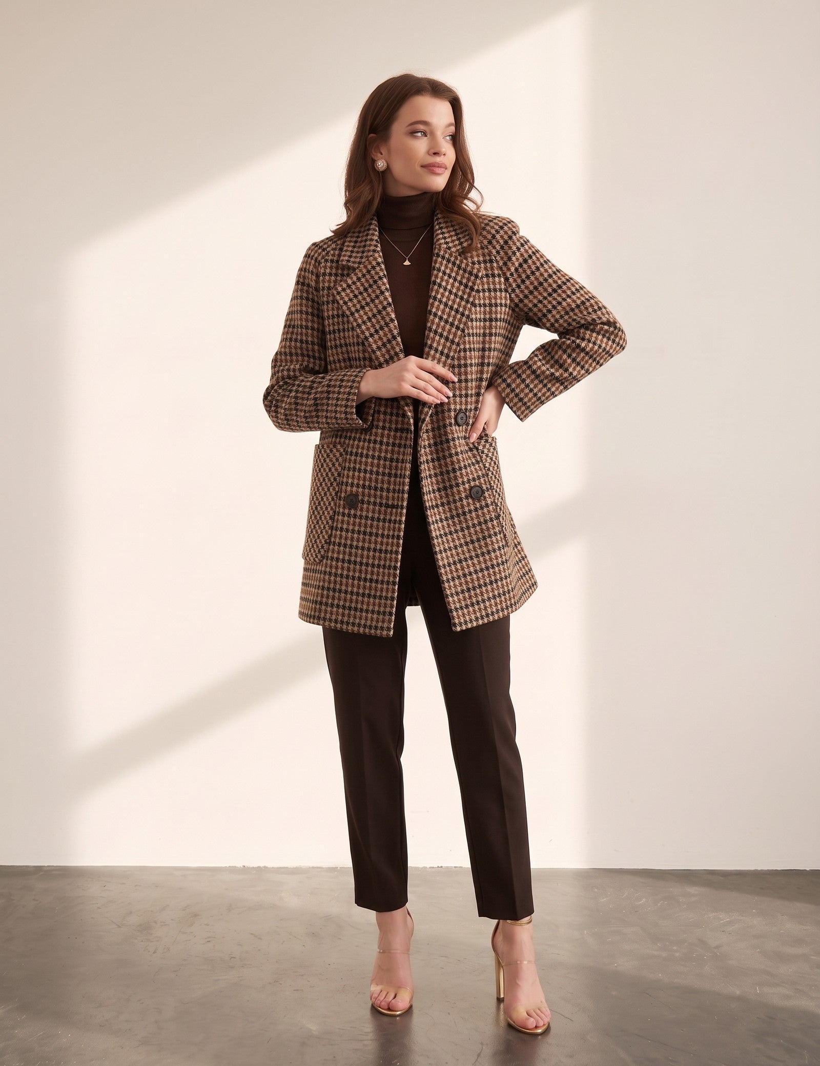 Women's Brown Oversized Houndstooth Blazer Coat, side view, full length.
